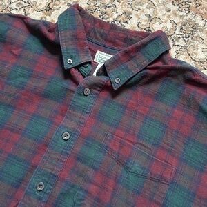 LL Bean Men’s Size XL Reg Plaid Flannel Burgandy Green Cabincore Cotton Winter